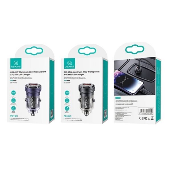 Cargador Auto C35 PD45W + OCQC3.0 Transparente Aluminio Negro CC175