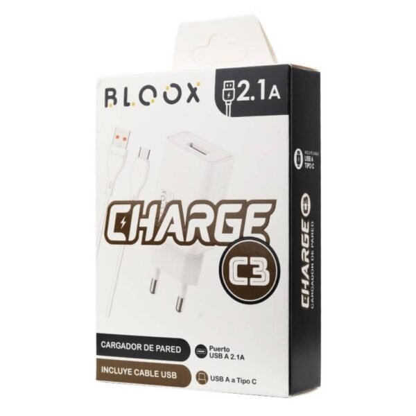 Cargador BLOOX 1 USB 2.1A + Cable Tipo C 1M