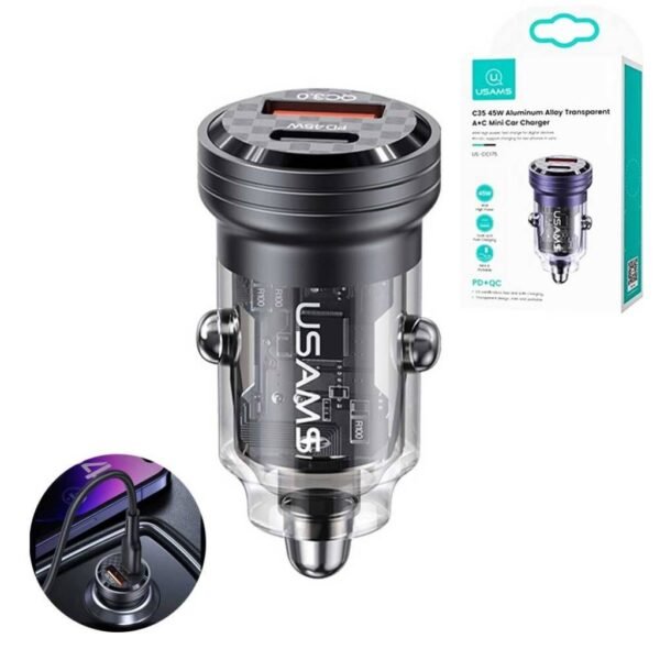 Cargador Auto C35 PD45W + OCQC3.0 Transparente Aluminio Negro CC175