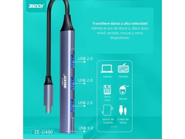 ZEQI MULTIPLICADOR DE PUERTOS (USB-C MACHO A 4 PUERTOS USB 3.0)