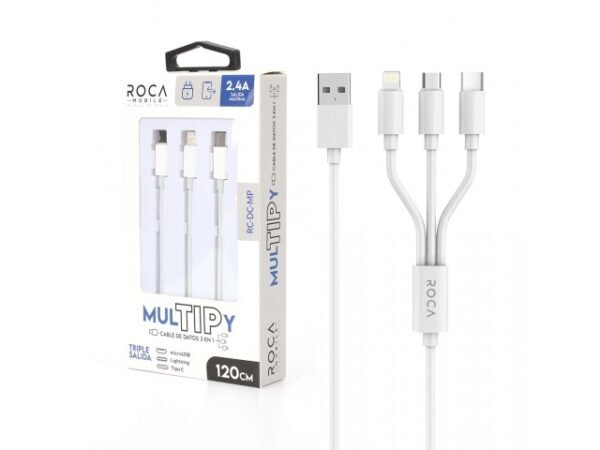 Cable de Datos ROCA mulTIPy 3en1 120cm 2.4A microUSB/USB C/Lightning (sólo carga)