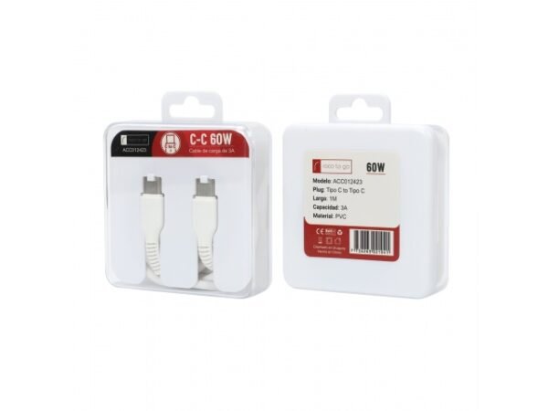 Cable de Datos ROCA TO GO USB C a USB C 100cm 3A 60W Blanco